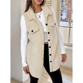 Women'S Elegant Sleeveless Flat Collar Button Front Jacket with Faux Pockets - Cozy Brown Plaid Pattern, Long Length, Perfect for Fall/Winter Casual Wear, Winter Clothes