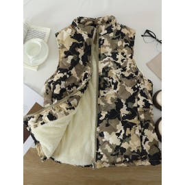 Women'S Lightweight Quilted Zip-Up Vest - Sleeveless, Stand Collar, Camouflage Print, Casual Style, Non-Stretch Fabric, Perfect for Fall/Winter, Casual Wear Vest|Quilted Vest|Zippered Vest