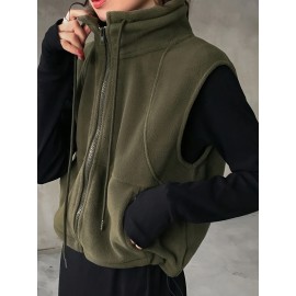 Women's Elegant High-Neck Sleeveless Zipper Jacket - Solid Color Olive Green Winter Coat, Full-Zip Closure, Structured Non-Stretch Design for Fall & Winter, Versatile Outerwear for Casual & Formal Occasions