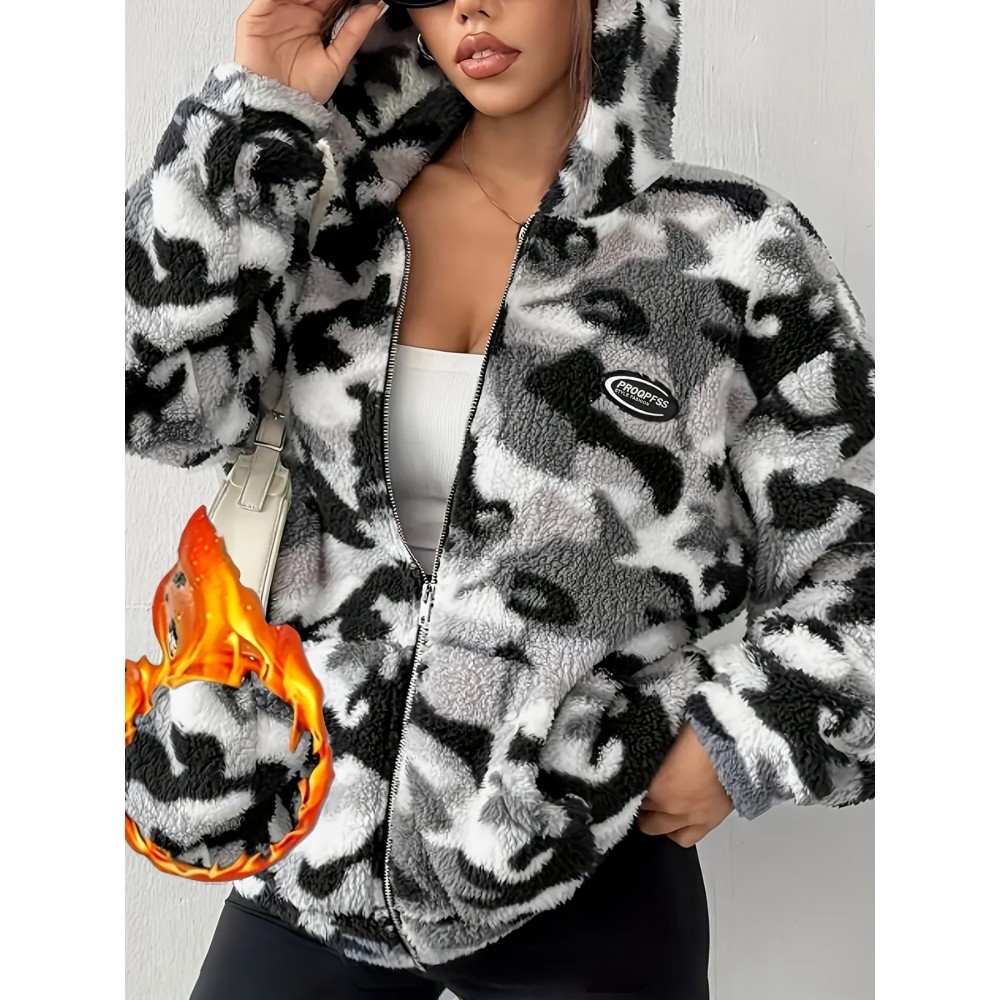 Women'S Cozy Faux Fur Plush Hooded Jacket - Autumn Winter Warm Coat with Zipper Pockets, Elegant Long Sleeve Outerwear for Fall/Winter, Cozy Fall Wear | Hooded Coat | Zippered Jacket