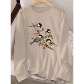 Women's Black Long Sleeve Crew Neck T-Shirt with White & Grey Titmouse Bird & Red Berry Graphic Print - Soft Casual Fall Winter Top, Machine Washable Everyday Comfortable Shirt for Nature-Inspired Outfits