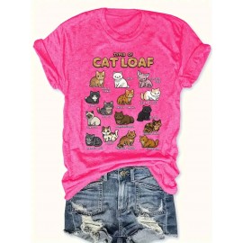 [Pink Cat Tshirt] Bright Pink Women's Cat Lover Graphic T-Shirt | Short Sleeve Crew Neck Casual Top with 