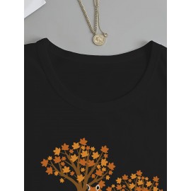 Women's Casual Long Sleeve Crew Neck T-Shirt - Fox & Autumn Leaves Graphic Print, Black with Orange Design, Medium Stretch, Machine Washable, All-Season Comfort Top, Naturethemed Apparel, Nontransparent Fabric
