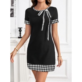 [Houndstooth Mini Dress] Women's Elegant Houndstooth Mini Dress, Polyester 100% Knit Fabric, Crew Neck with Bow Detail, Short Sleeve, Knee-Length Tiered Hem, Sleek Fit Bodycon Tunic for Spring/Summer/Fall