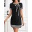 [Houndstooth Mini Dress] Women's Elegant Houndstooth Mini Dress, Polyester 100% Knit Fabric, Crew Neck with Bow Detail, Short Sleeve, Knee-Length Tiered Hem, Sleek Fit Bodycon Tunic for Spring/Summer/Fall