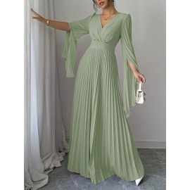 Women's Elegant Long-Sleeve V-Neck Pleated Maxi Dress with Slit for Spring/Summer