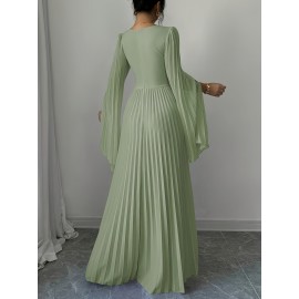 Women's Elegant Long-Sleeve V-Neck Pleated Maxi Dress with Slit for Spring/Summer