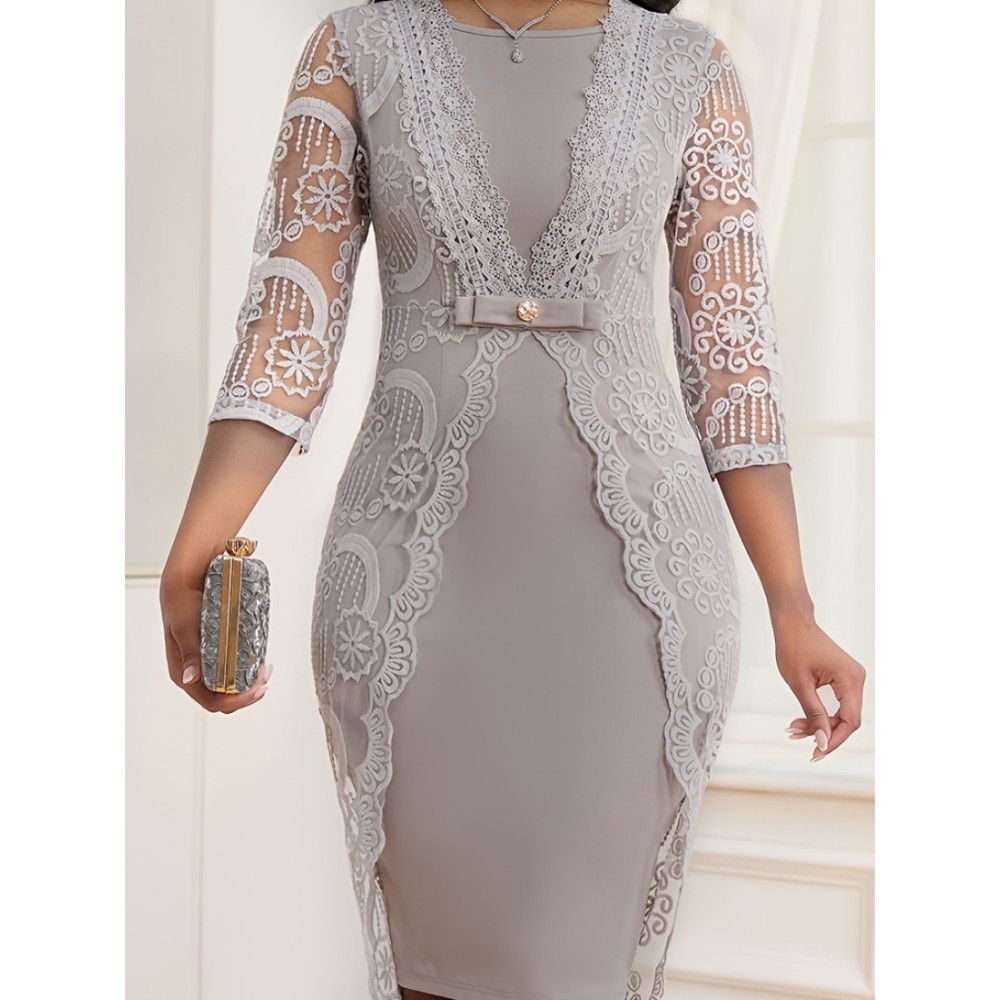 Elegant Dark Gray Lace-Trimmed Midi Dress with 3/4 Sleeves and V-Neck - Slim Fit, Flared Skirt, Zipper Detail, Perfect for All Seasons, Formal Attire|Sleek Fitted Top|Zippered Dress