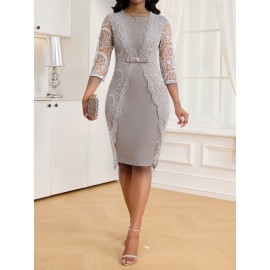 Elegant Dark Gray Lace-Trimmed Midi Dress with 3/4 Sleeves and V-Neck - Slim Fit, Flared Skirt, Zipper Detail, Perfect for All Seasons, Formal Attire|Sleek Fitted Top|Zippered Dress