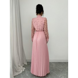 Elegant Women'S 3D Floral Mesh Dress with Bow Tie Neckline - Romantic Pink Pleated A-Line Long Sleeve Dress for Formal & Casual Occasions, Machine Washable Non-Stretch Wedding Attire, Dresses for Wedding, Formal Event Attire, Nonstretch Fabric