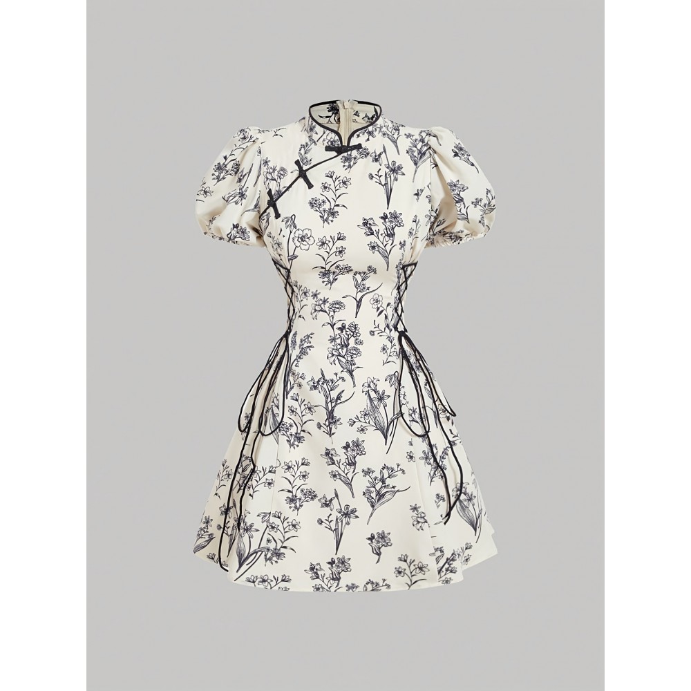 Elegant Black & White Floral Chinese-Style Short Dress with Puffed Sleeves - Waist-Cinching, Stand Collar, Perfect for Spring/Summer, Adult Women'S Fashion, Floral Dress | Stand Collar Dress | Puffed Sleeve Dress