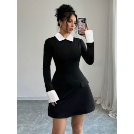 [Elegant Formal Dress] Elegant & Sophisticated Women's Black & White Formal/Office/Party Dress - Long Sleeve Mock Pocket, Structured H-Silhouette, Machine Washable - Professional & Evening Outfits, Office Attire, Polished Finish