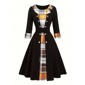 Patchwork Checkered Faux Two-Piece Vintage Dress