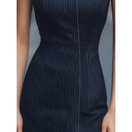 [Elegant Striped Dress] Elegant Women's Striped Dress with Pockets | Zip-Up, Stand Collar, Long Sleeve, Ribbed Texture, Black & White Vertical Stripes | Casual or Formal Occasions, Ladies Dresses