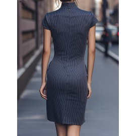 [Elegant Striped Dress] Elegant Women's Striped Dress with Pockets | Zip-Up, Stand Collar, Long Sleeve, Ribbed Texture, Black & White Vertical Stripes | Casual or Formal Occasions, Ladies Dresses