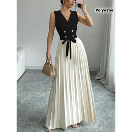 Women'S Elegant Double-Breasted Ruched Sleeveless Dress - Black and White Color Block, Polyester, A-Line Silhouette, Perfect for Spring/Summer Commute and Casual Attire, Casual Attire|Ruched Texture|Polyester Dres