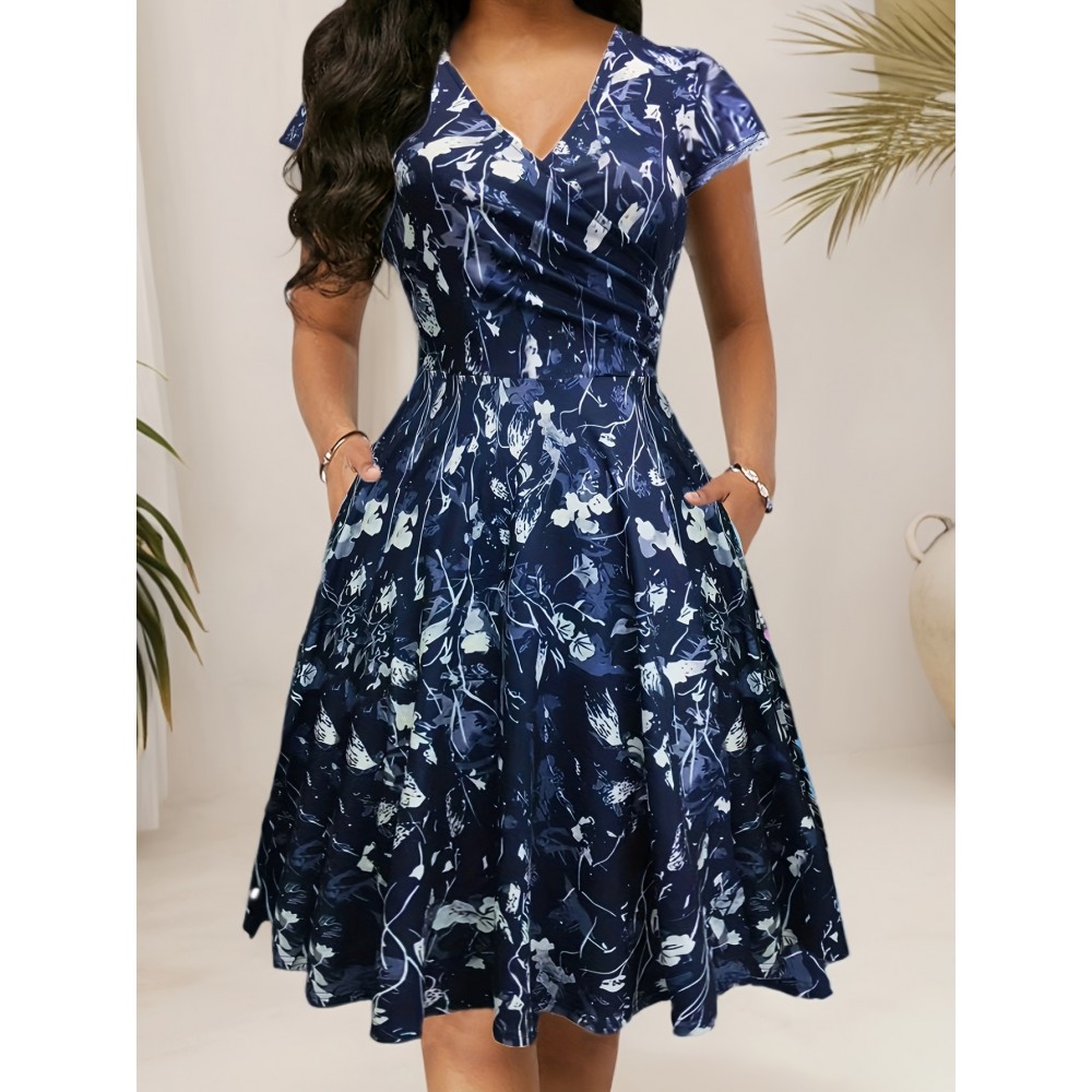 [Navy Blue Floral Dress] Polyester Blend Women's Navy Blue Floral Print V-Neck Midi Dress with Short Sleeves and Pockets | Casual Dress, Floral Print Dress, Perfect for Spring, Summer, and Fall