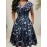 [Navy Blue Floral Dress] Polyester Blend Women's Navy Blue Floral Print V-Neck Midi Dress with Short Sleeves and Pockets | Casual Dress, Floral Print Dress, Perfect for Spring, Summer, and Fall