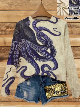 Women's Sweater - Long Sleeve Pullover Sweater with Navy Blue Octopus Tentacle Print, Elegant Casual Chic Sweater for Everyday Formal Outfits, Versatile Clothing, Unique Design, Soft Texture, Printed Top, Trend Followers