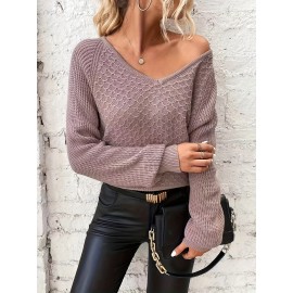 Women'S Elegant V-Neck Long Sleeve Sweater - Backless Design with Lace-like Back Panel, Soft Brown Round Neck Pullover for Spring/Fall, Casual & Formal Outfits