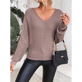 Women'S Elegant V-Neck Long Sleeve Sweater - Backless Design with Lace-like Back Panel, Soft Brown Round Neck Pullover for Spring/Fall, Casual & Formal Outfits