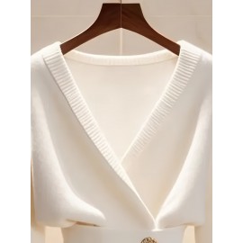 Women's White V-Neck Adjustable Belted Cardigan with Golden Buckle Detail - Soft Long Sleeve Elegant Casual Layering Pullover for Spring and Autumn, Fashionable Weekend Wear