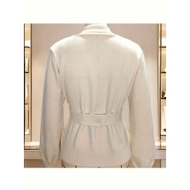 Women's White V-Neck Adjustable Belted Cardigan with Golden Buckle Detail - Soft Long Sleeve Elegant Casual Layering Pullover for Spring and Autumn, Fashionable Weekend Wear