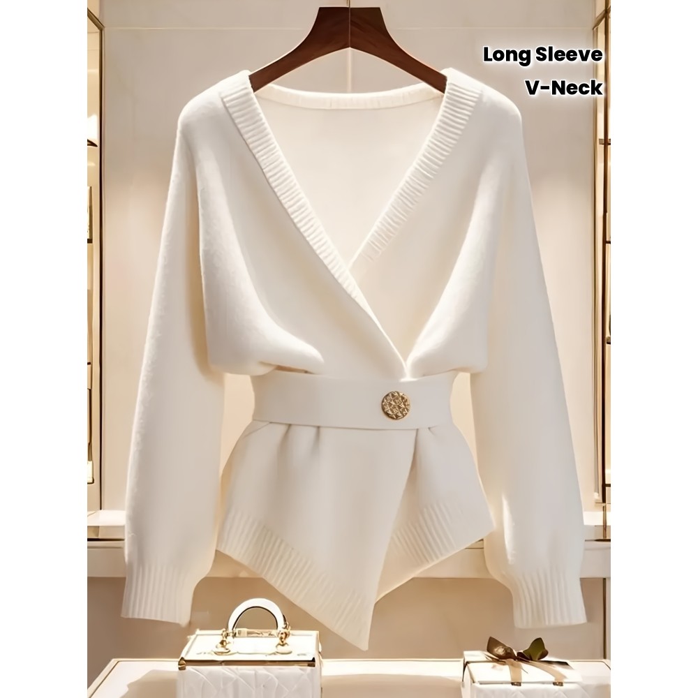 Women's White V-Neck Adjustable Belted Cardigan with Golden Buckle Detail - Soft Long Sleeve Elegant Casual Layering Pullover for Spring and Autumn, Fashionable Weekend Wear
