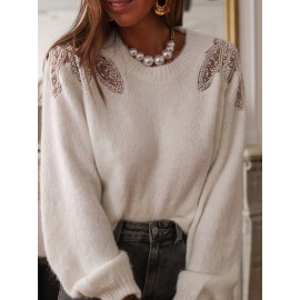 Women's Casual Chic Lace-Trimmed Long Sleeve Sweater with Bow Detail at Back - Soft Round Neck Pullover, Medium Stretch Autumn Winter Top for Casual Attire, Cute Sweaters