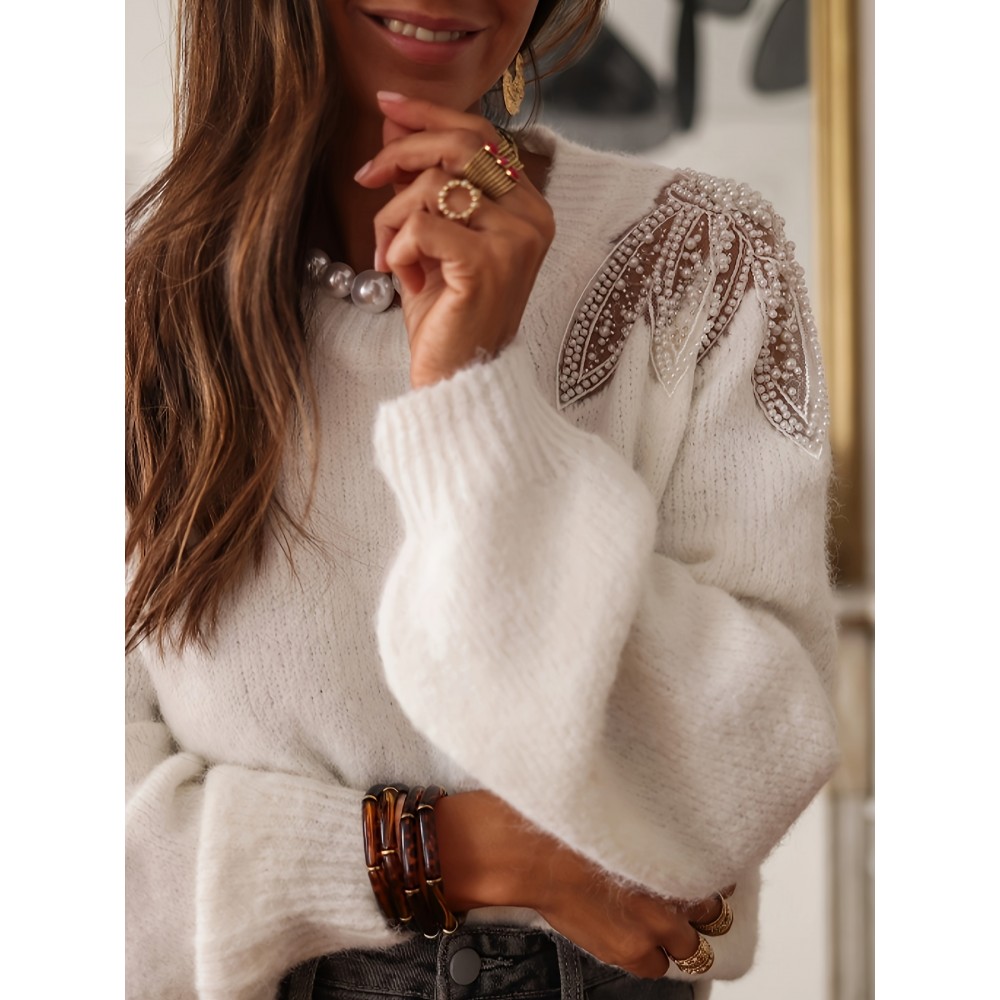 Women's Casual Chic Lace-Trimmed Long Sleeve Sweater with Bow Detail at Back - Soft Round Neck Pullover, Medium Stretch Autumn Winter Top for Casual Attire, Cute Sweaters