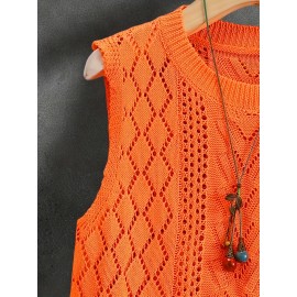 Women's Sleeveless Geometric Cut-Out Vest - Bright Orange Elegant Casual H-Line Regular Fit, All-Season Versatile Layering Piece for Casual Attire, Openwork Pattern, Lightweight Fashion, Summer Wardrobe, Delicate Detailing, Stylish Women