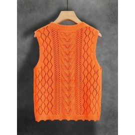 Women's Sleeveless Geometric Cut-Out Vest - Bright Orange Elegant Casual H-Line Regular Fit, All-Season Versatile Layering Piece for Casual Attire, Openwork Pattern, Lightweight Fashion, Summer Wardrobe, Delicate Detailing, Stylish Women