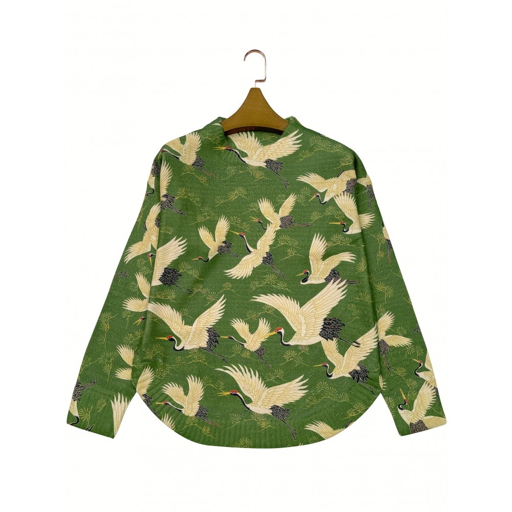 [All-Over Print] [Thick] [Round Hem] [Sweater] All-Over Print Red-crowned Crane Pattern Thick, Casual Crew Neck Long Sleeve Sweater, Round Hem, Women's Clothing