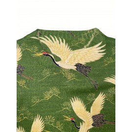 [All-Over Print] [Thick] [Round Hem] [Sweater] All-Over Print Red-crowned Crane Pattern Thick, Casual Crew Neck Long Sleeve Sweater, Round Hem, Women's Clothing