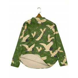 [All-Over Print] [Thick] [Round Hem] [Sweater] All-Over Print Red-crowned Crane Pattern Thick, Casual Crew Neck Long Sleeve Sweater, Round Hem, Women's Clothing