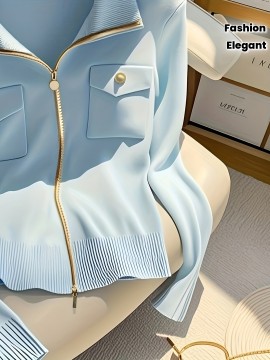 [Elegant Cardigan] Chic Elegant High-Neck Zip-Up Cardigan for Women | Long Sleeve Sweater with Chain Detail, Solid Blue, Perfect for Fall/Winter