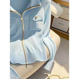 [Elegant Cardigan] Chic Elegant High-Neck Zip-Up Cardigan for Women | Long Sleeve Sweater with Chain Detail, Solid Blue, Perfect for Fall/Winter