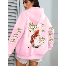 Women's Koi Fish & for Lotus Zip-Up Hoodie Jacket - Dark Green/Red Accents, Front Pockets, Machine Washable Zippered Hooded Sweatshirt for Fall/Winter Casual & Formal Outfits, Winter Wear, Artistic Design, Soft Material, Trend Followers