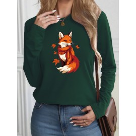 Women's Casual Long Sleeve T-Shirt with Fox & Maple Leaf Geometric Print - Vibrant Orange & Red on Grey, Round Neck, Machine Washable, Spring/Summer Vacation & Casual Attire, Versatile Streetwear, Spring Summer Apparel, Comfortable Fabric