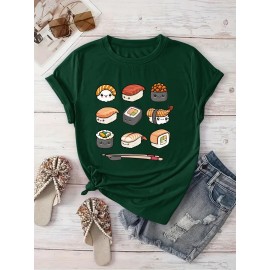 Women'S Casual Sushi Print T-Shirt - Short Sleeve Crew Neck, Vibrant Japanese Food Design, Machine Washable, Perfect for Spring/Summer Outings & Beach Vacations, Beachwear Tshirt | Playful Print Top | Machine Washable Top, Sushi Tshirt