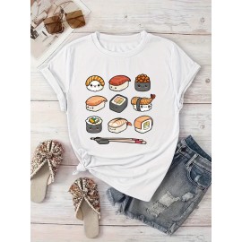 Women'S Casual Sushi Print T-Shirt - Short Sleeve Crew Neck, Vibrant Japanese Food Design, Machine Washable, Perfect for Spring/Summer Outings & Beach Vacations, Beachwear Tshirt | Playful Print Top | Machine Washable Top, Sushi Tshirt