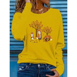 Women's Casual Long Sleeve Crew Neck T-Shirt - Fox & Autumn Leaves Graphic Print, Black with Orange Design, Medium Stretch, Machine Washable, All-Season Comfort Top, Naturethemed Apparel, Nontransparent Fabric