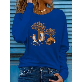 Women's Casual Long Sleeve Crew Neck T-Shirt - Fox & Autumn Leaves Graphic Print, Black with Orange Design, Medium Stretch, Machine Washable, All-Season Comfort Top, Naturethemed Apparel, Nontransparent Fabric